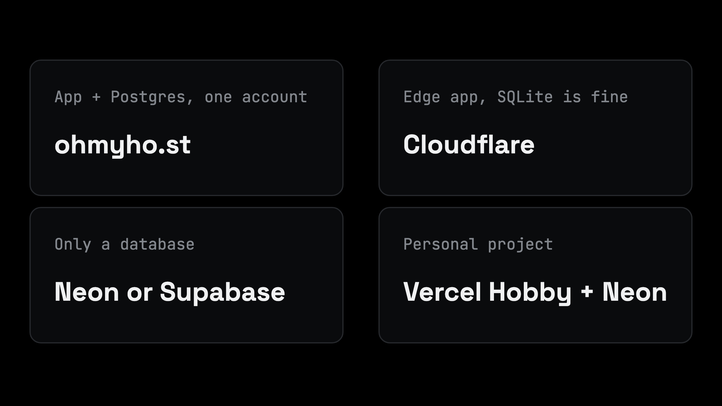 Pick a free Vercel and Supabase alternative by need: app plus Postgres on one account, ohmyho.st; edge app with SQLite, Cloudflare; only a database, Neon or Supabase; personal project, Vercel Hobby with Neon
