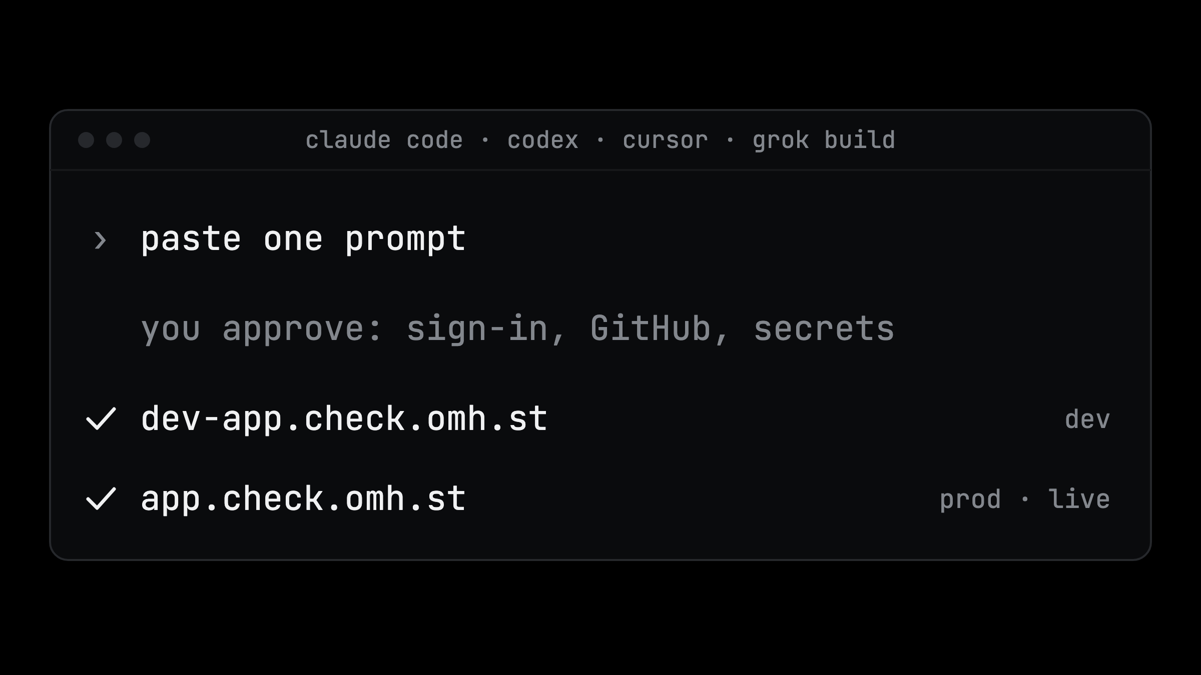 Deploy a Lovable app from Claude Code, Codex, Cursor or Grok Build: paste one prompt, approve sign-in, GitHub and secrets, get a Dev URL and then the live Prod URL